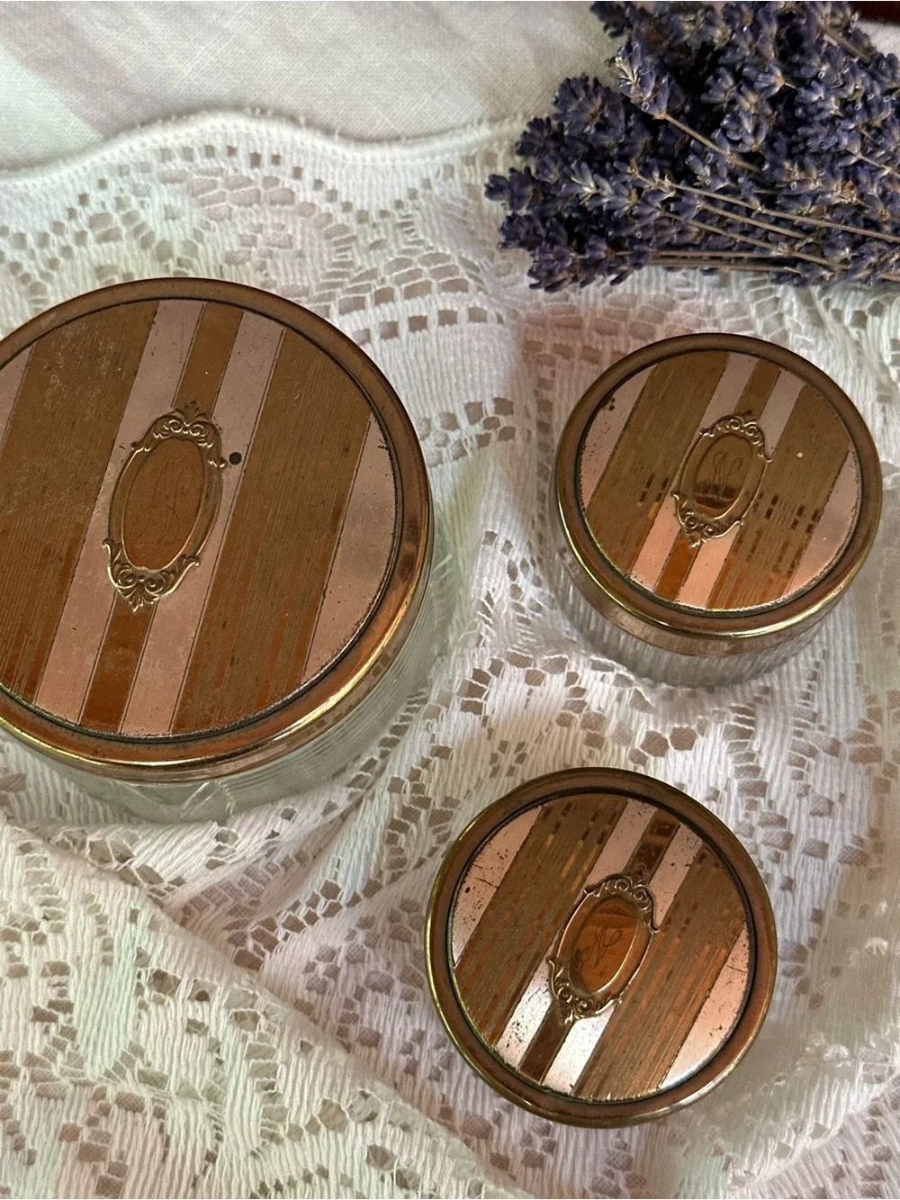 3-Piece Ribbed Clear Glass Vanity Powder Jar Set w/ Gold Tone Metal Lids